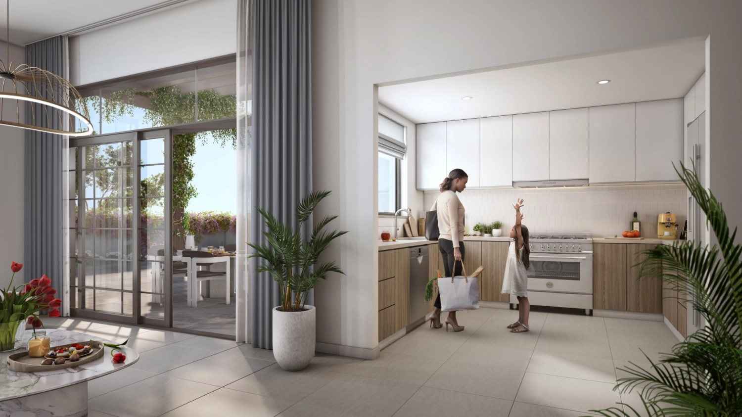 Dining area with garden views and elegant lighting inside Yas Park Views residence